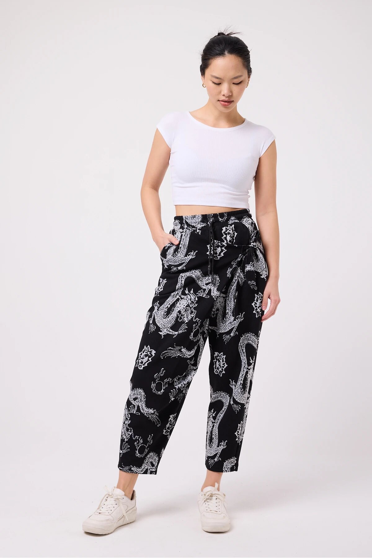 Street Style Sporty Printed Crinkle Shalwar Pants - Black - Mexico Superblue