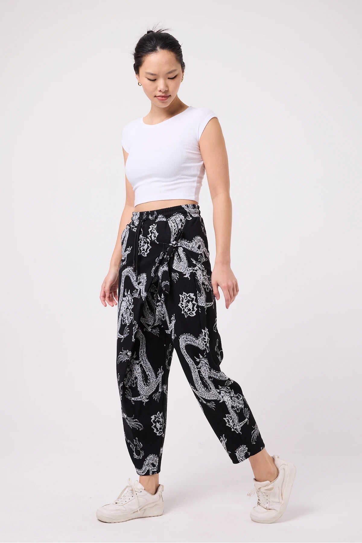 Street Style Sporty Printed Crinkle Shalwar Pants - Black - Mexico Superblue