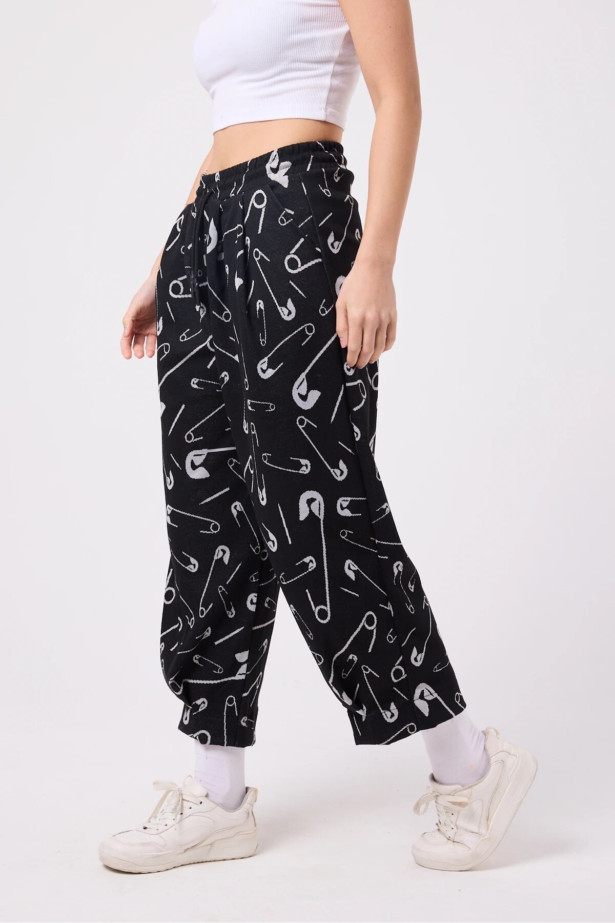 Baggy Street Style Hem Detail Pants - Black and White - Mexico Superblue