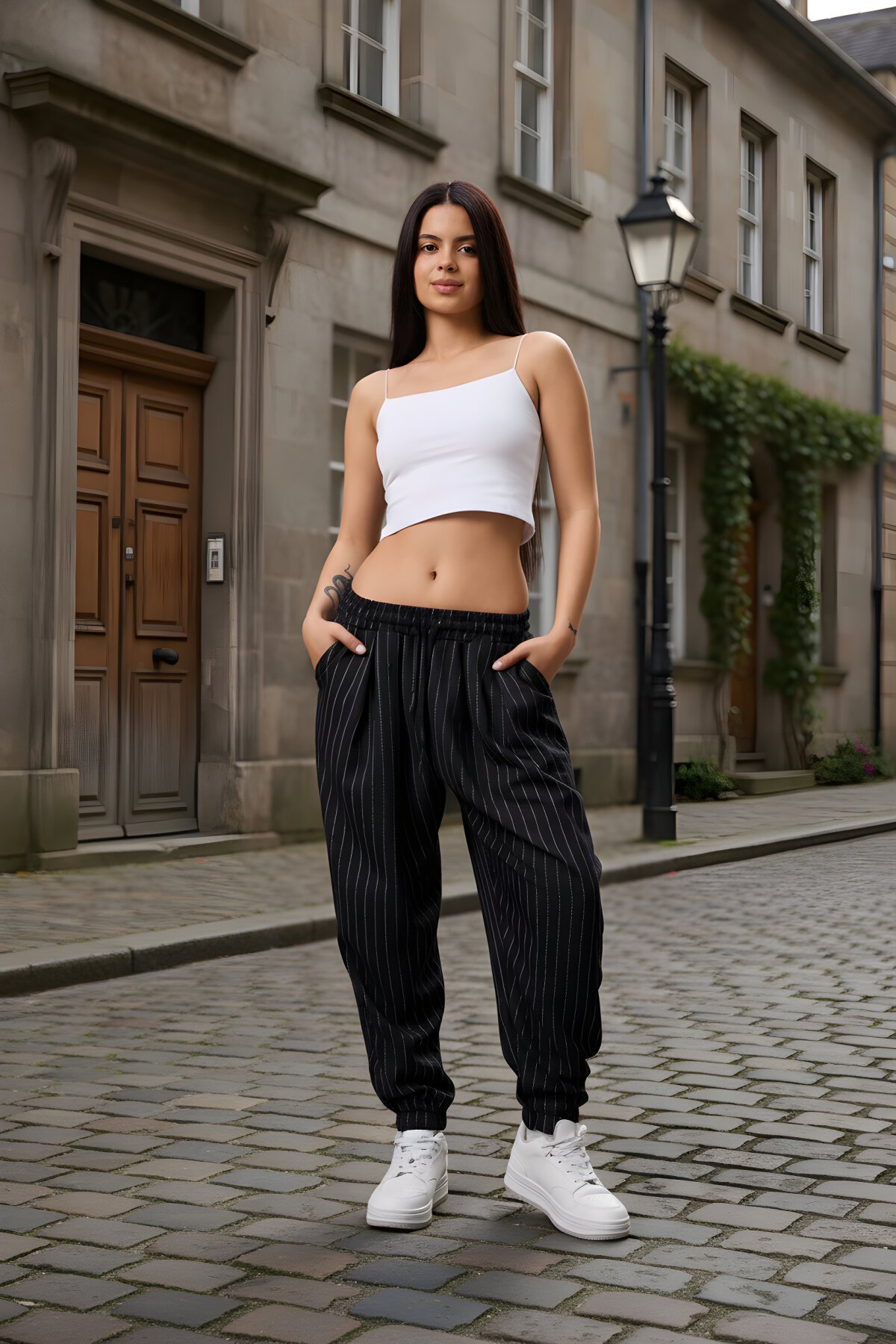 Siyah Çizgili Sokak Tarzı Spor Şalvar Pantolon - Mexico Superblue