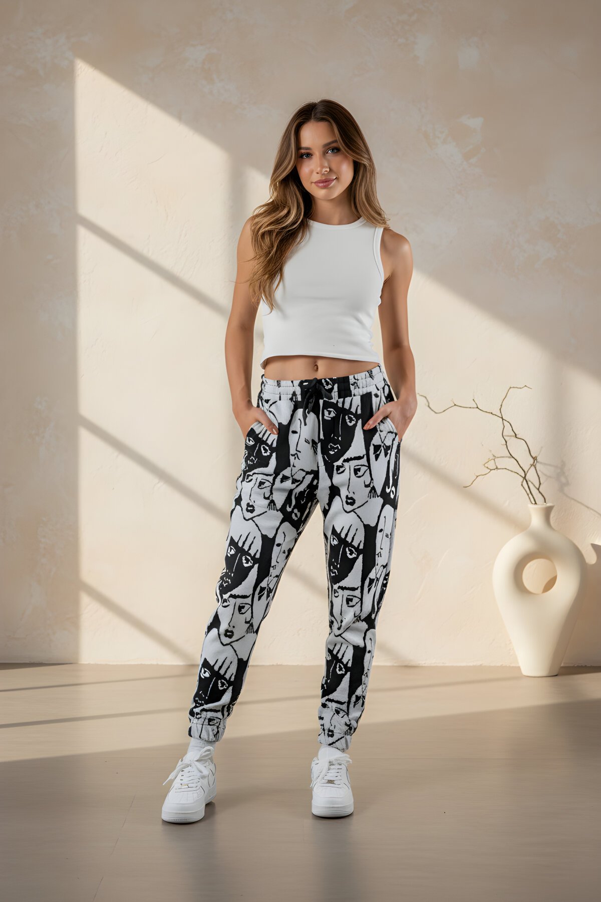 Siyah Desenli Jogger Jakar Paçası Lastikli Pantolon - Mexico Superblue