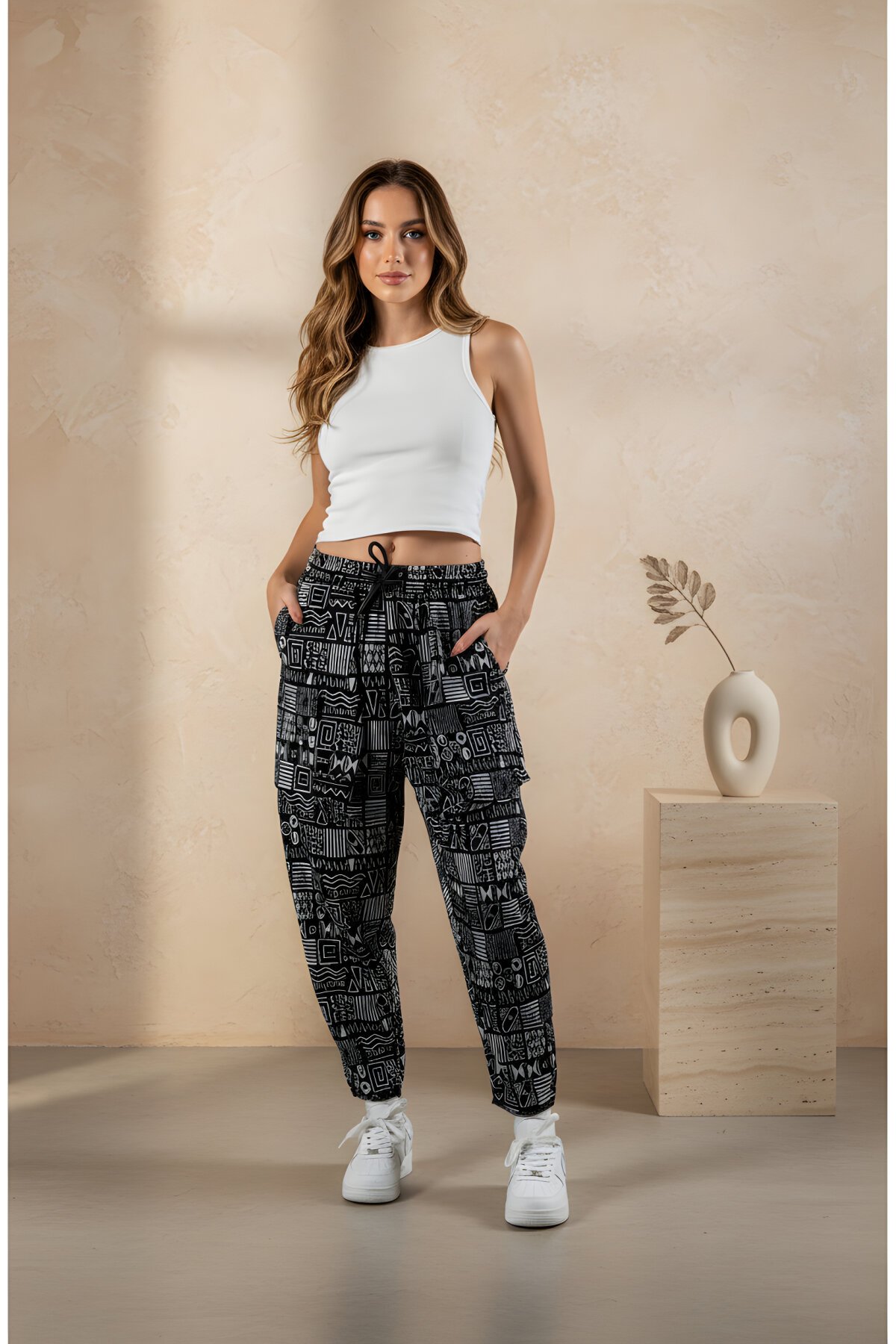 Siyah Etnik Desenli Baget Jakar Pantolon - Mexico Superblue