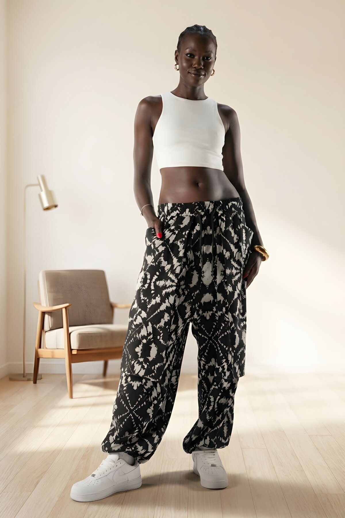 Siyah Jakar Desenli Şalvar Derin Cepli Pantolon - Mexico Superblue