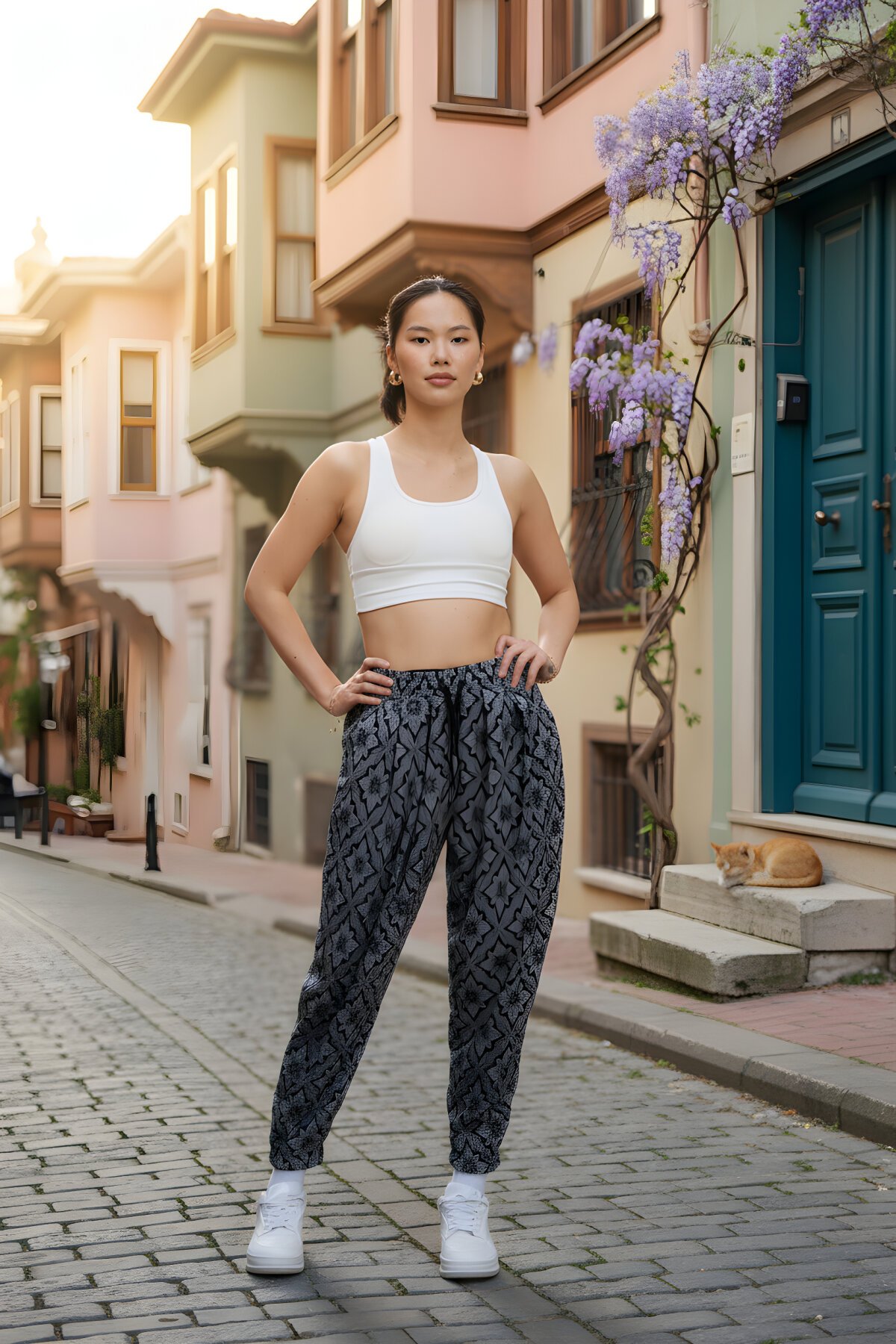 Siyah Jakar Desenli Sokak Tarzı Spor Şalvar Pantolon - Mexico Superblue