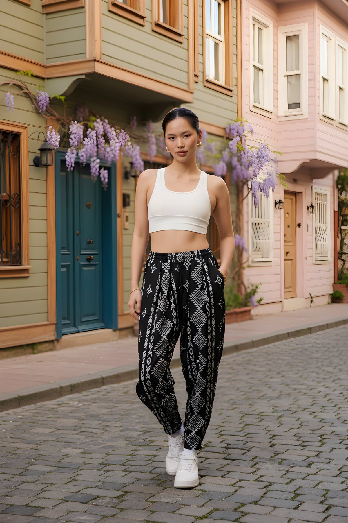 Siyah Jakar Desenli Sokak Tarzı Spor Şalvar Pantolon - Mexico Superblue