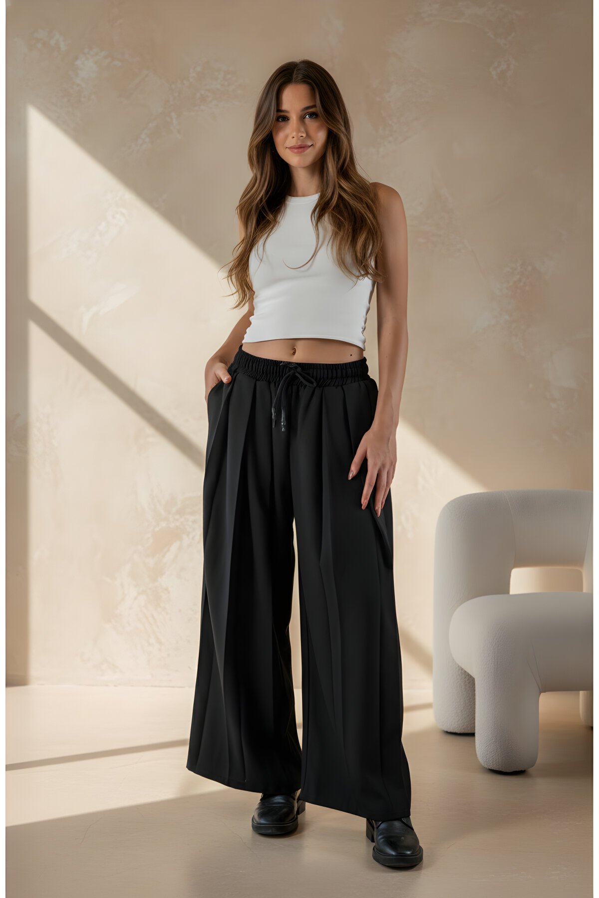 Siyah Samuray Tasarım Pileli Pantolon - Mexico Superblue