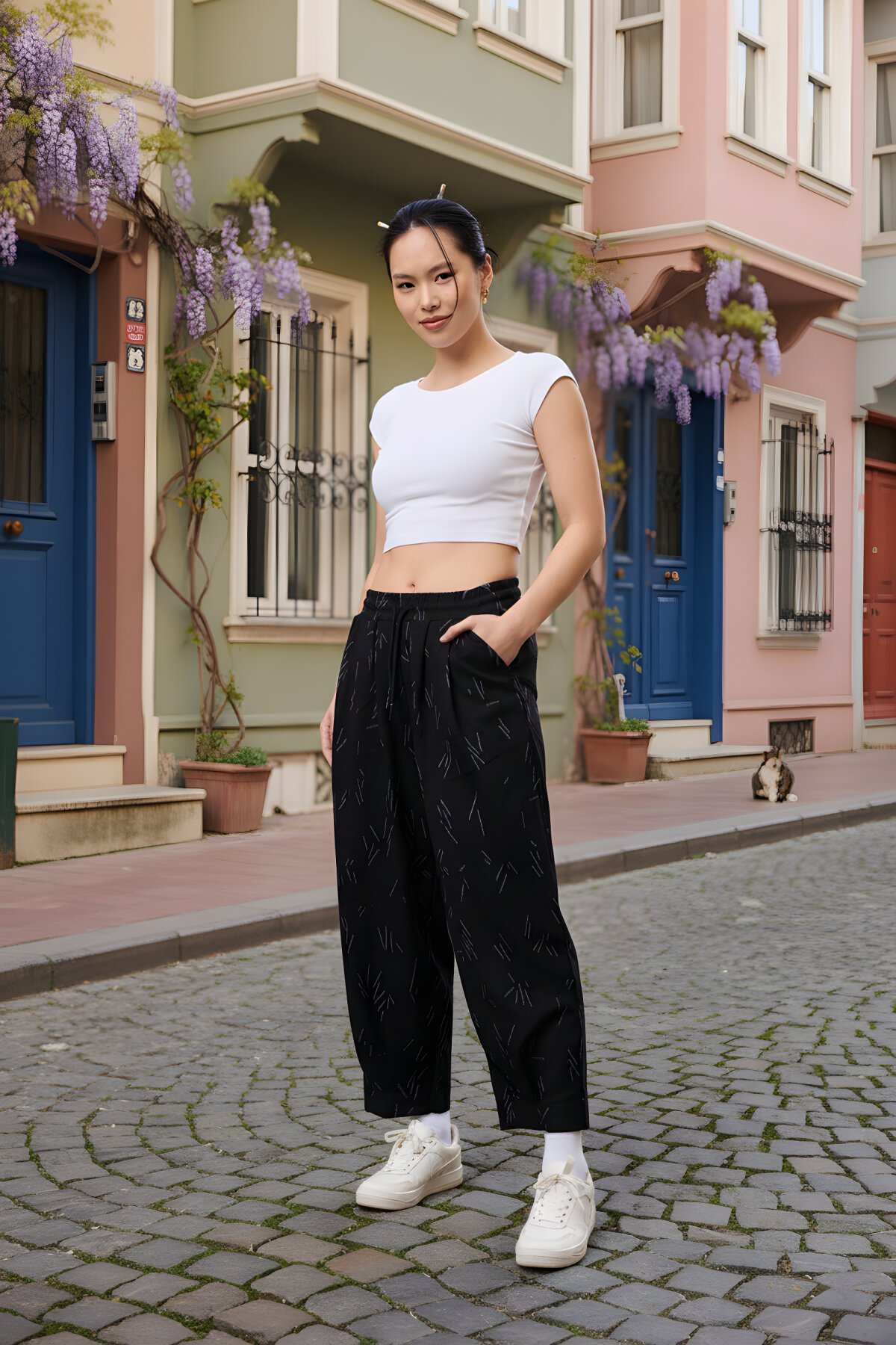 Siyah Sokak Tarzı Baggy Paça Detaylı Pantolon - Mexico Superblue