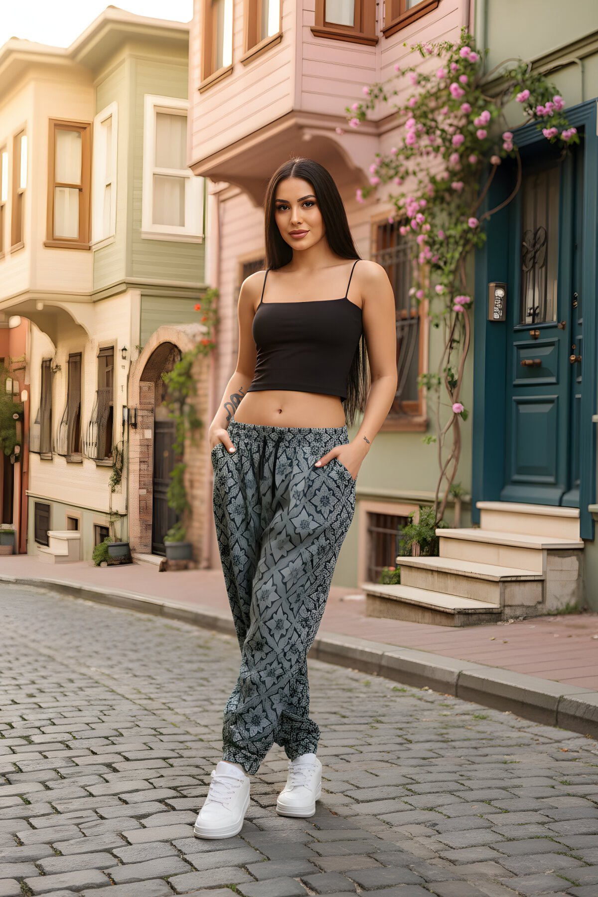 Yeşil Baskılı Sokak Tarzı Spor Şalvar Pantolon - Mexico Superblue