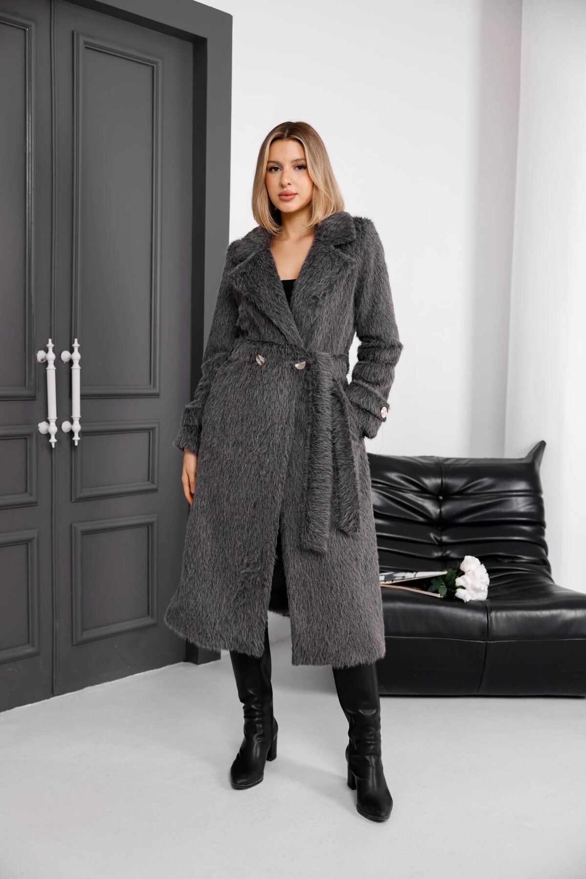 Alpaca Wool-Blend Belted Fur-Trimmed Modest Winter Coat - Anthracite - Milamia