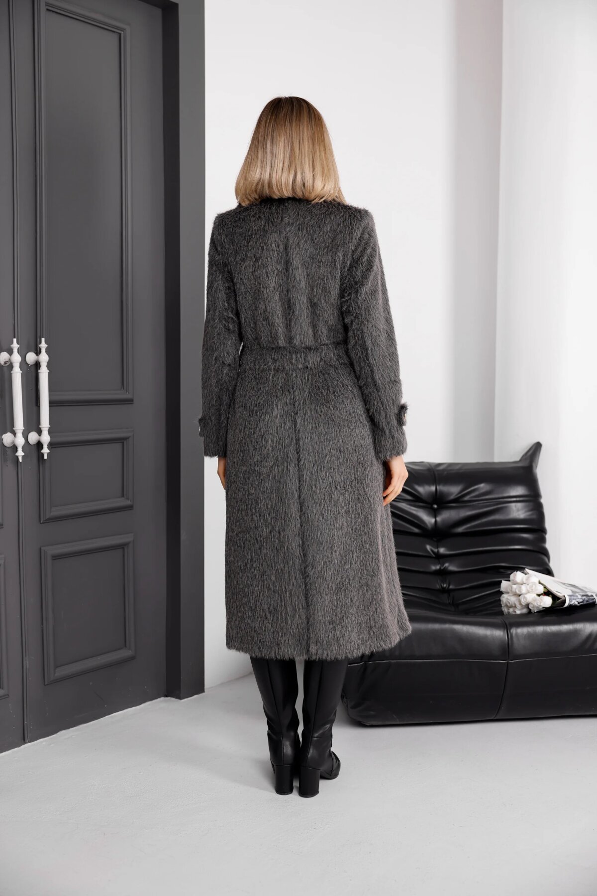 Alpaca Wool-Blend Belted Fur-Trimmed Modest Winter Coat - Anthracite - Milamia