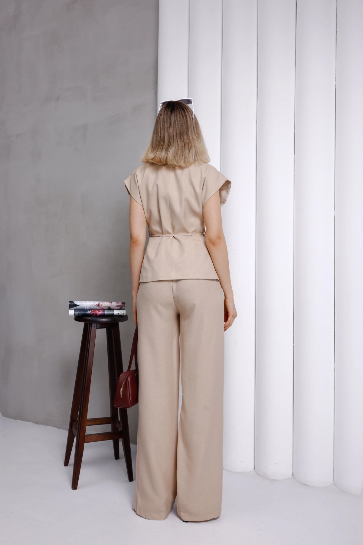 Wide Leg Double-breasted Tie-detail Modest Two-piece Set - Beige - Milamia