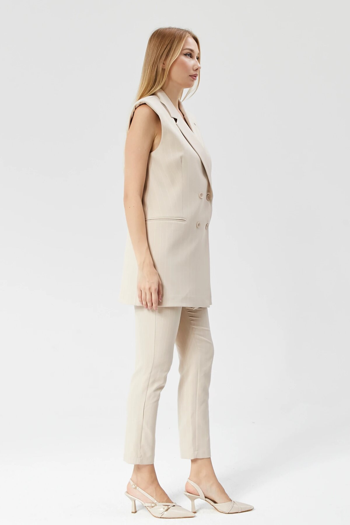 Long Classic Striped Vest - Beige - Milamia