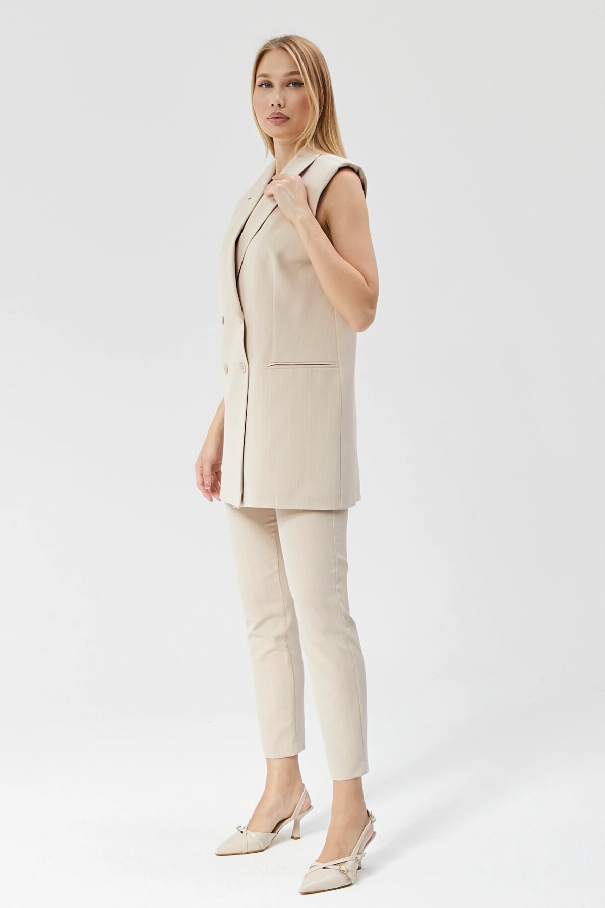 Long Classic Striped Vest - Beige - Milamia