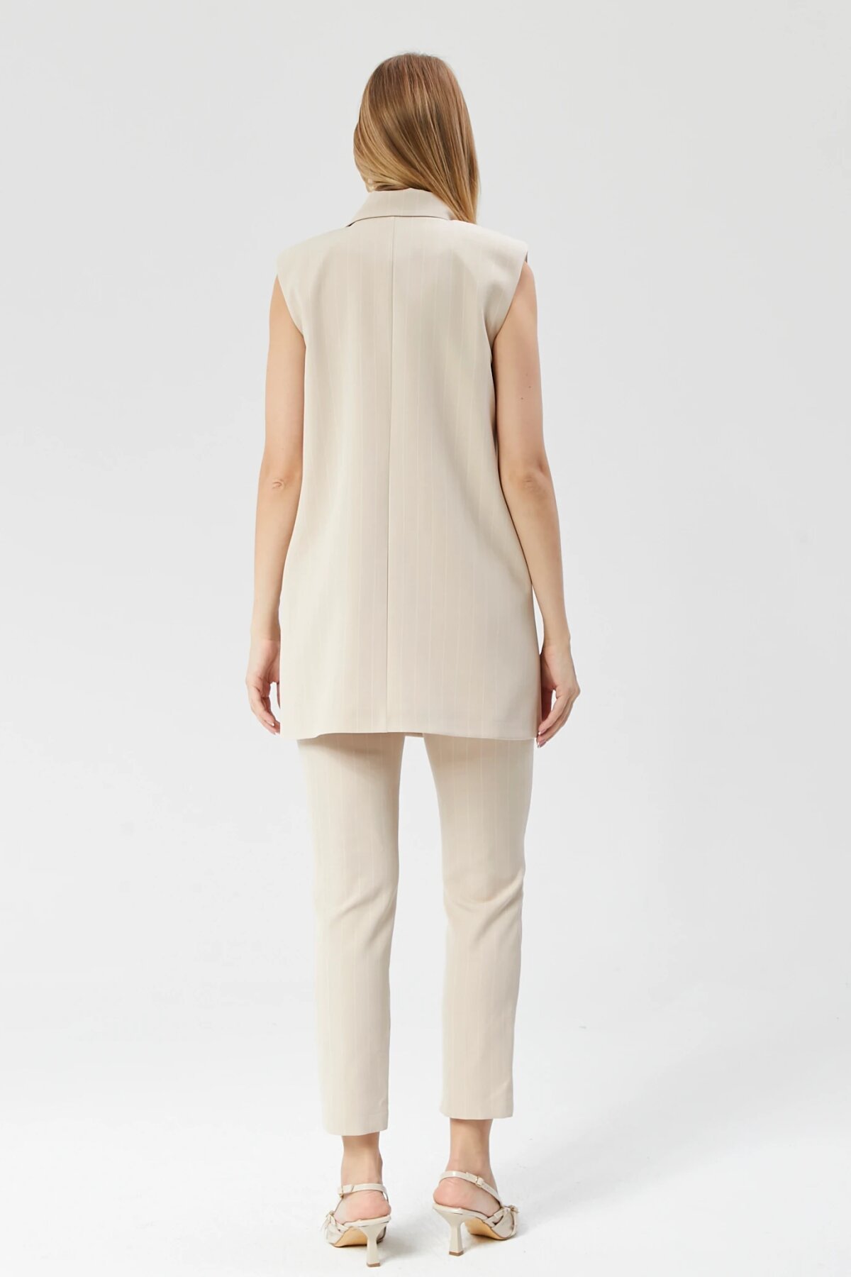 Long Classic Striped Vest - Beige - Milamia