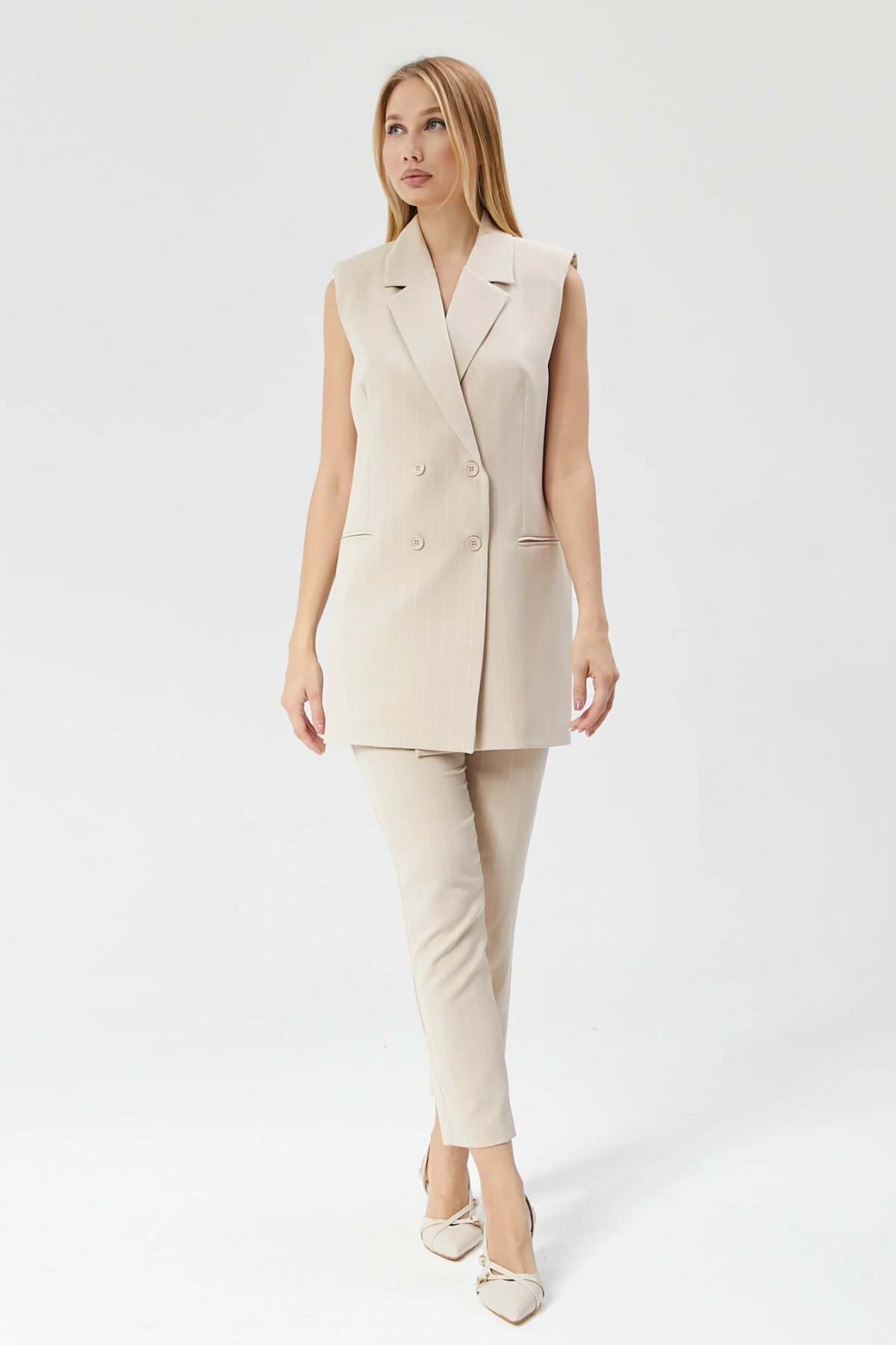 Long Classic Striped Vest - Beige - Milamia