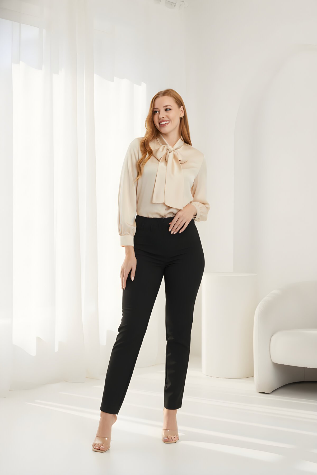 Bej Düz Klasik Fiyonklu Saten Gömlek - Milamia