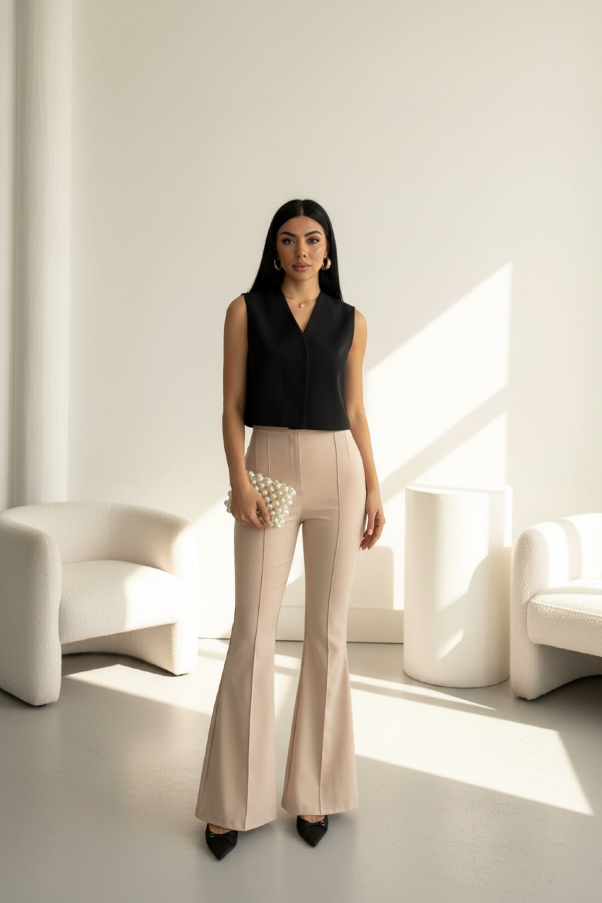 بنطال قماش أرجل واسعة لون بيج - Milamia