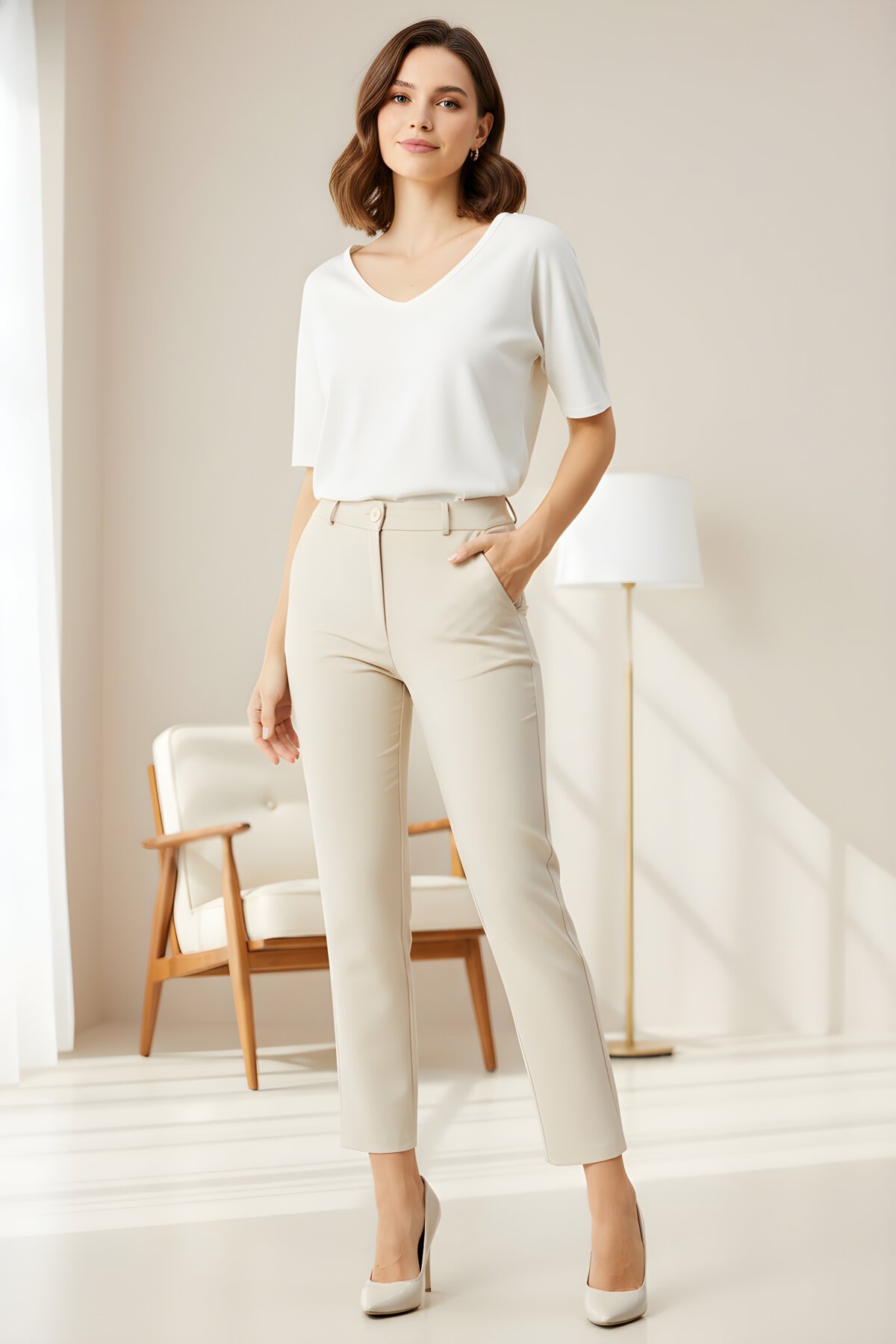 Bej Klasik Bilek Boy Dar Paça Havuç Pantolon - Milamia