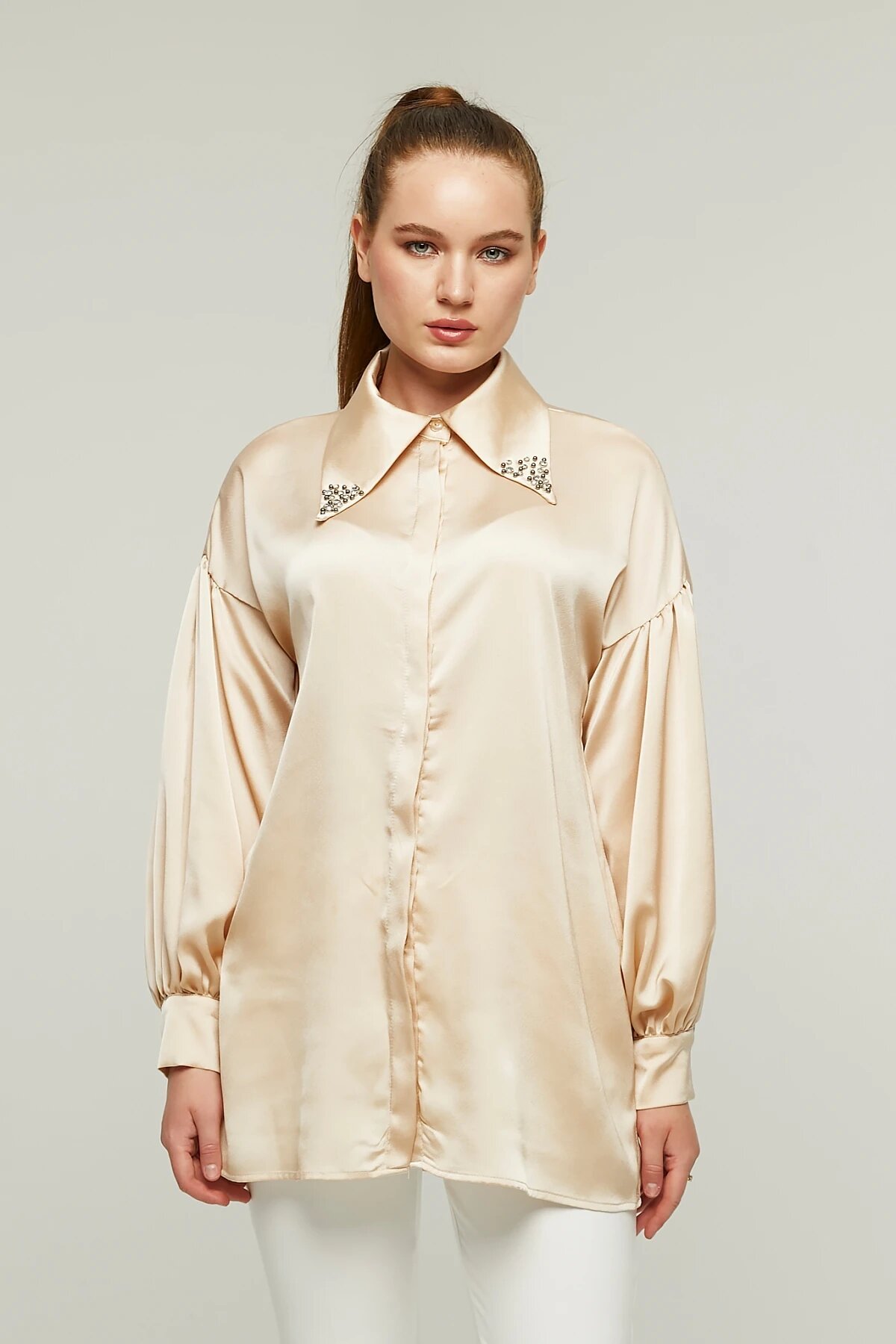 Satin Stone-Collared Shirt - Beige - Milamia