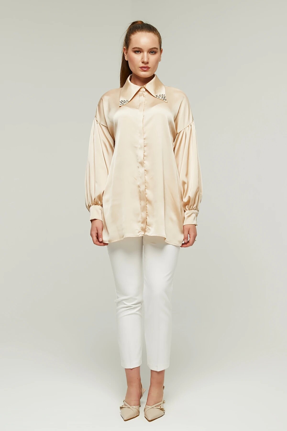 Satin Stone-Collared Shirt - Beige - Milamia