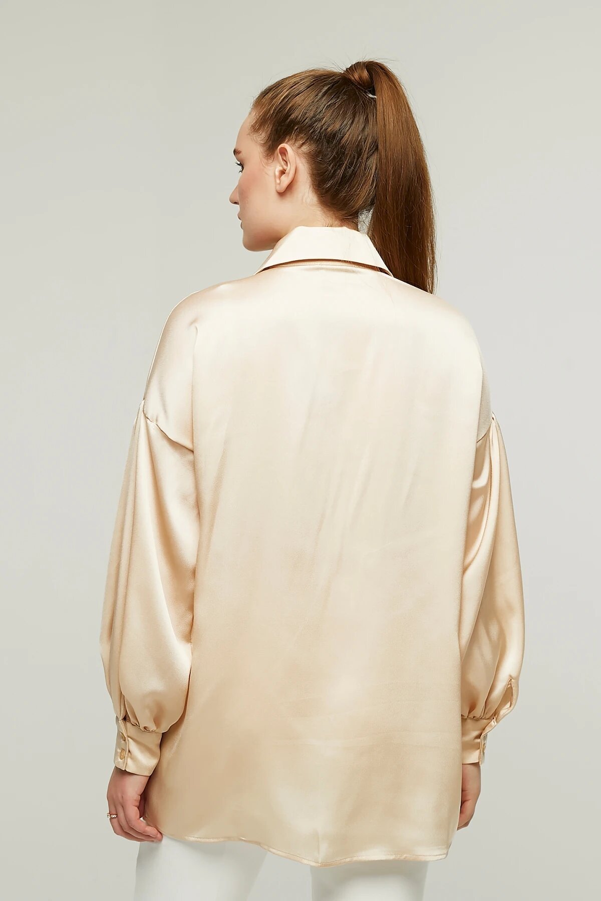 Satin Stone-Collared Shirt - Beige - Milamia