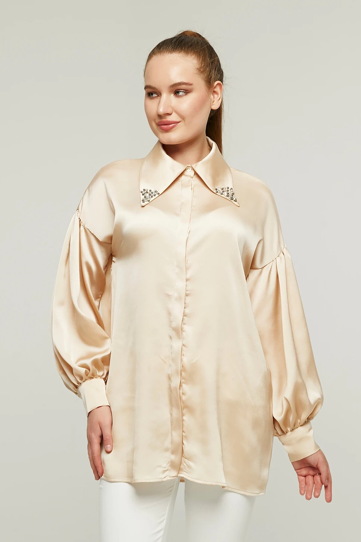 Satin Stone-Collared Shirt - Beige - Milamia