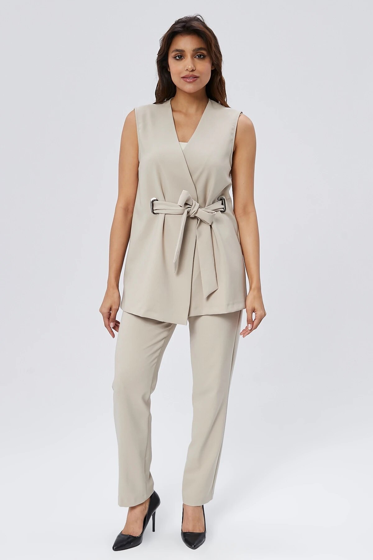 Buckled Belted Vest and Trousers Modest Two-Piece Set - Beige - Milamia