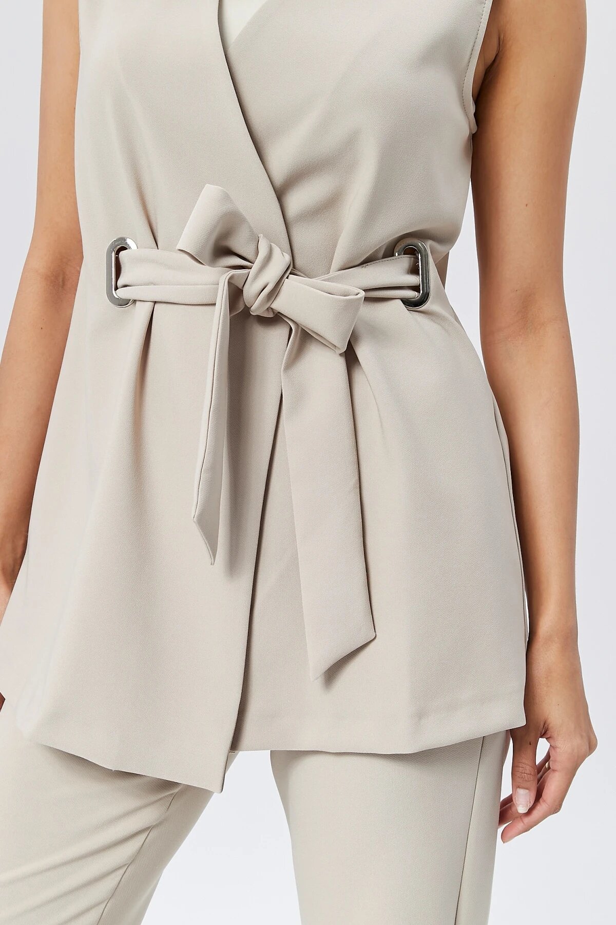 Buckled Belted Vest and Trousers Modest Two-Piece Set - Beige - Milamia