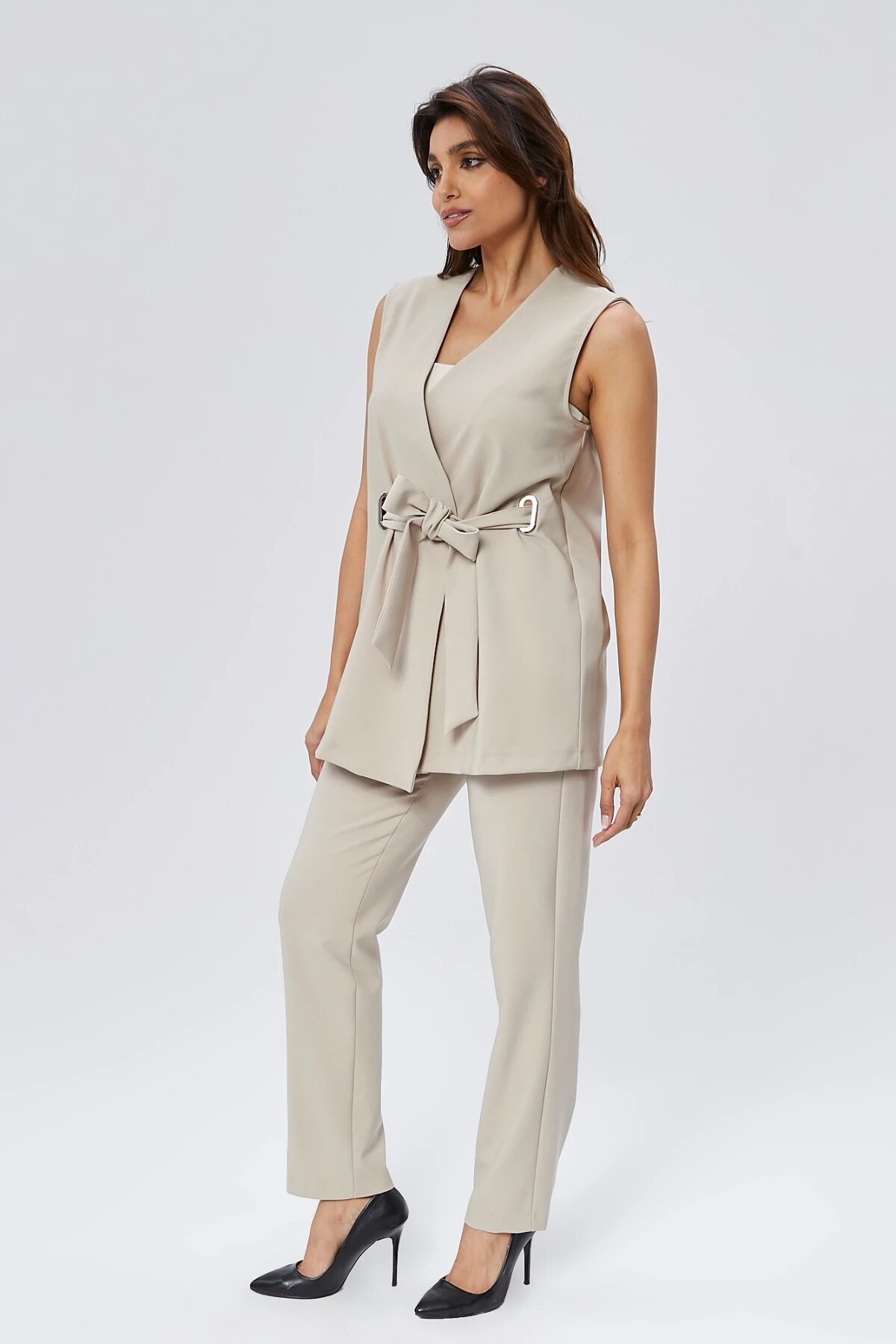Buckled Belted Vest and Trousers Modest Two-Piece Set - Beige - Milamia