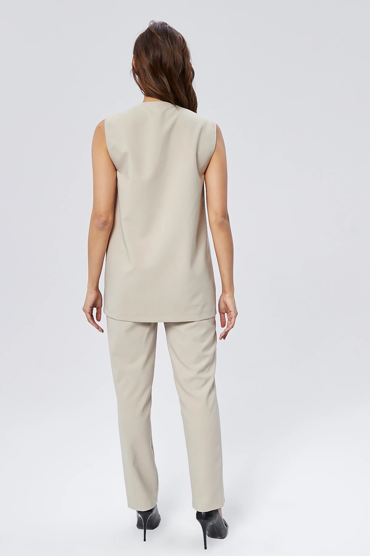 Buckled Belted Vest and Trousers Modest Two-Piece Set - Beige - Milamia