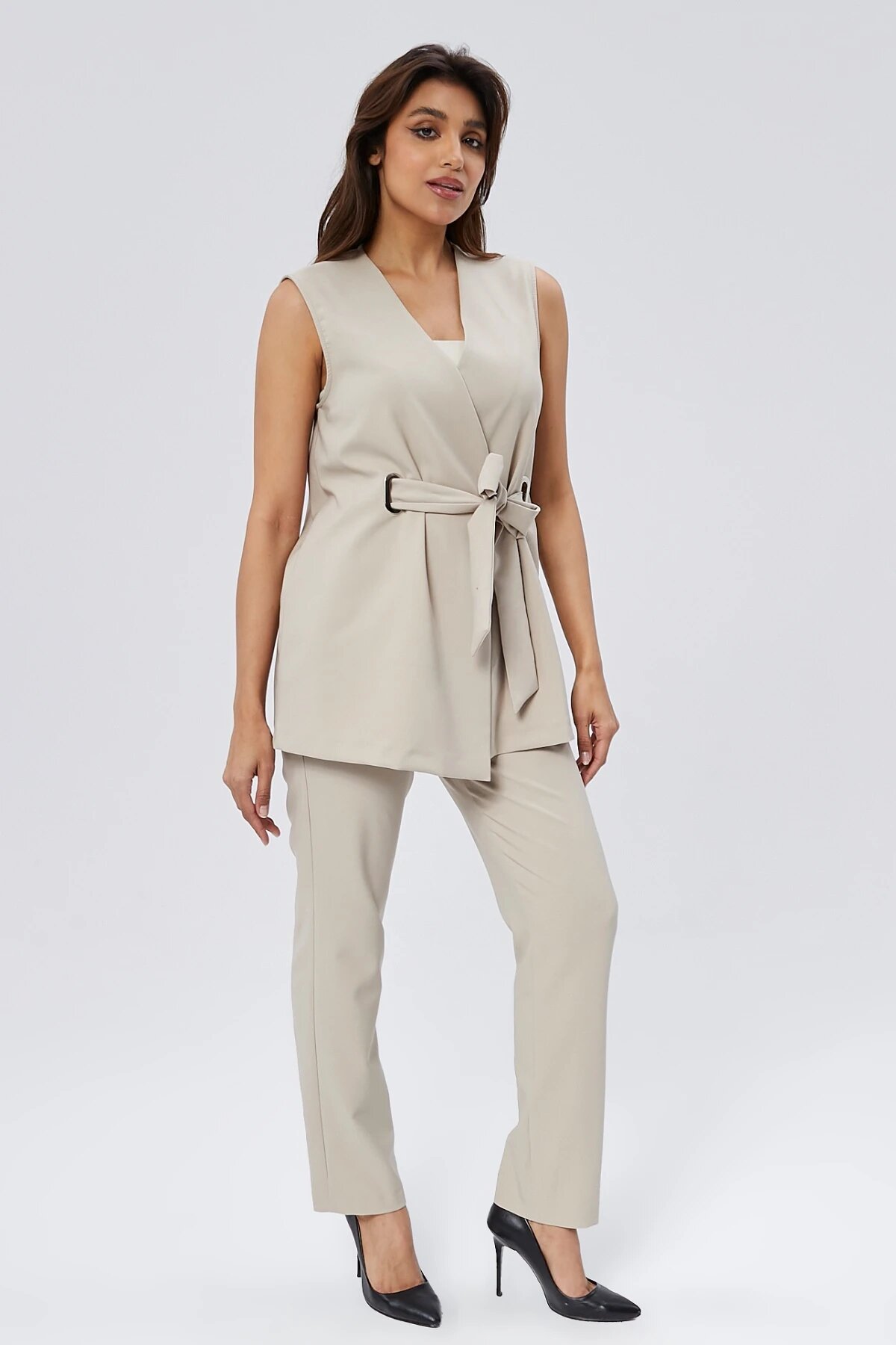 Buckled Belted Vest and Trousers Modest Two-Piece Set - Beige - Milamia
