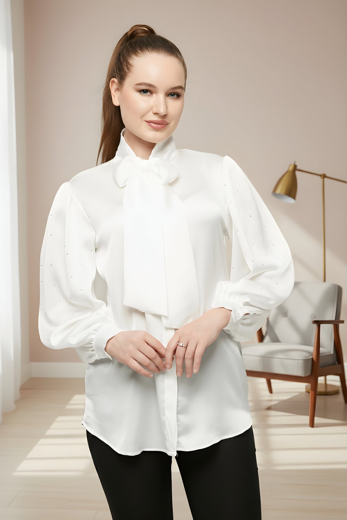 Beyaz Balon Kol Fiyonklu Taşlı Saten Gömlek - Milamia