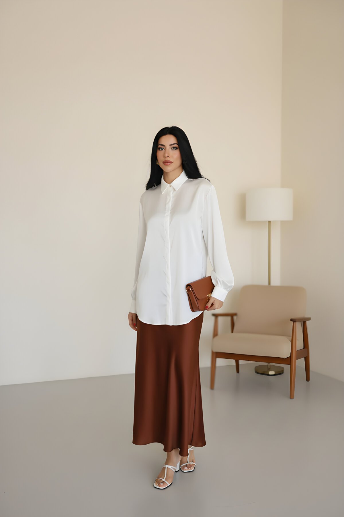 Beyaz Düz Klasik Dokulu Saten Yakalı Gömlek - Milamia