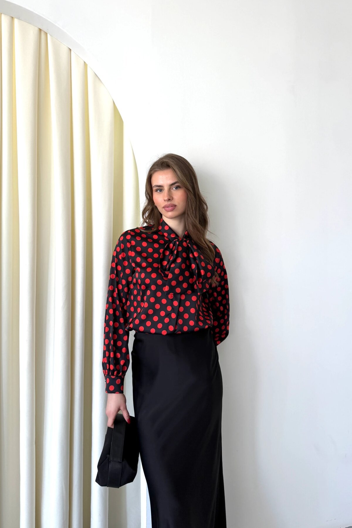 Digital Print Satin Bow Shirt - Burgundy - Milamia