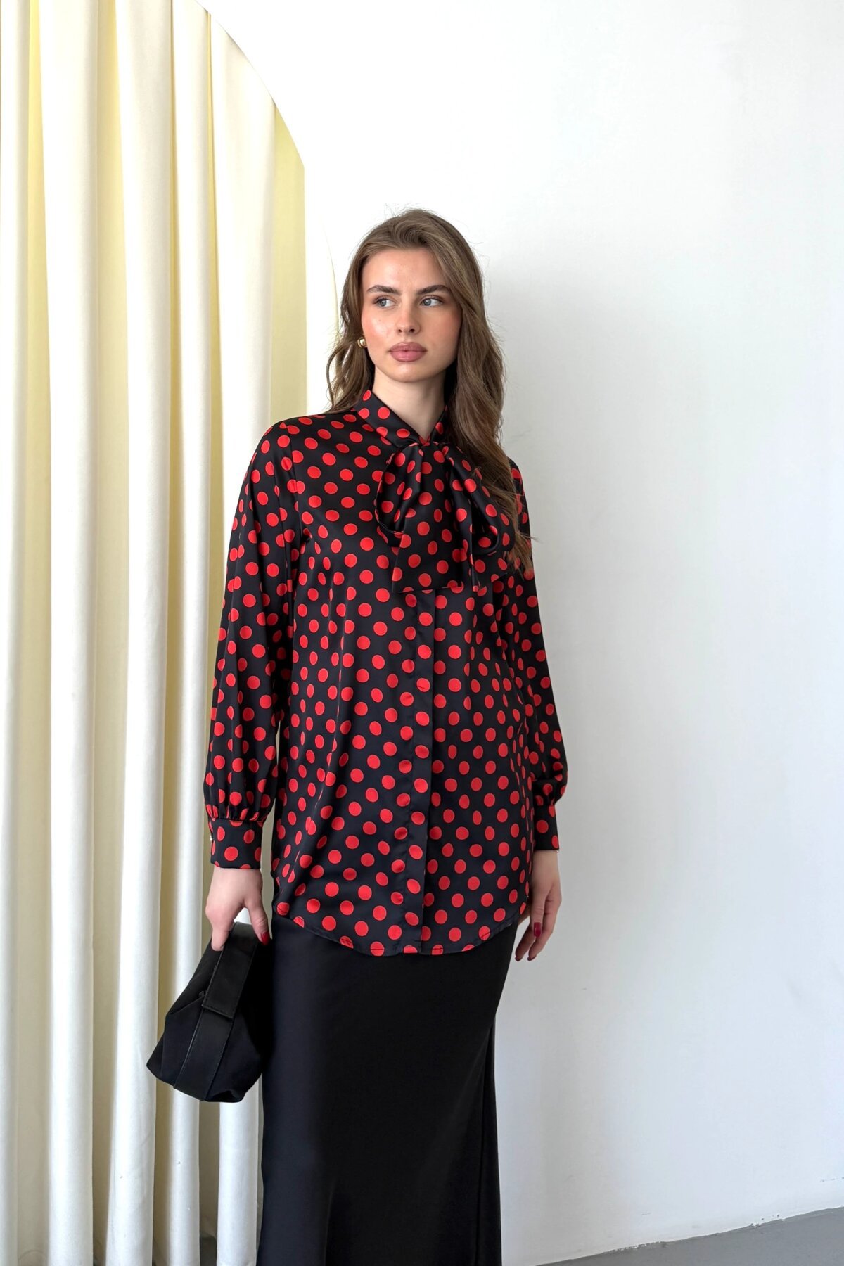 Digital Print Satin Bow Shirt - Burgundy - Milamia