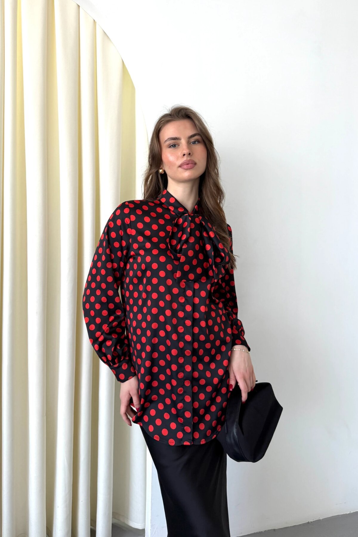 Digital Print Satin Bow Shirt - Burgundy - Milamia