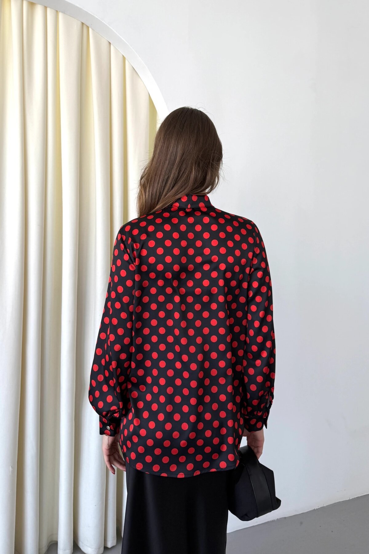 Digital Print Satin Bow Shirt - Burgundy - Milamia