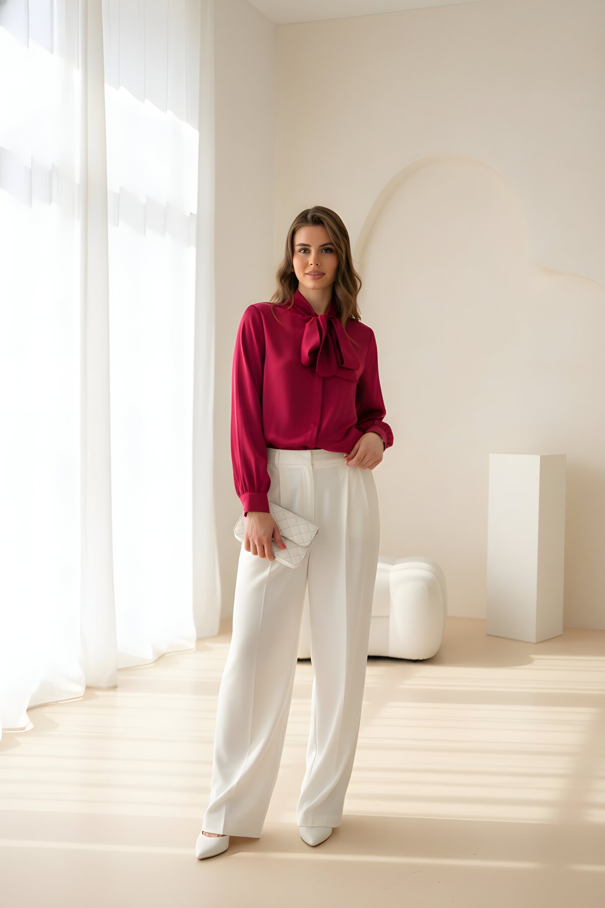 Bordo Düz Klasik Fiyonklu Saten Gömlek - Milamia