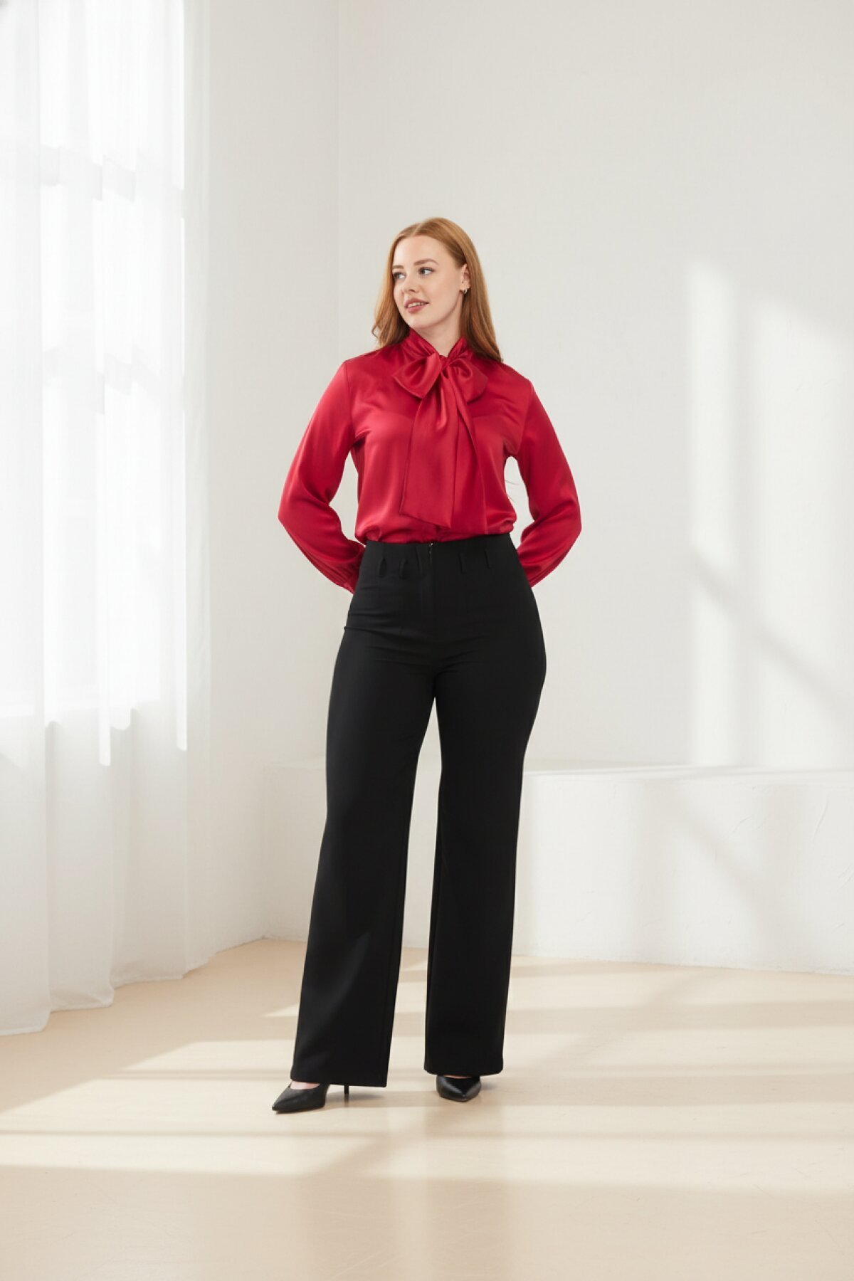 Classic Plain Satin Bow-Detailed Shirt - Burgundy - Milamia