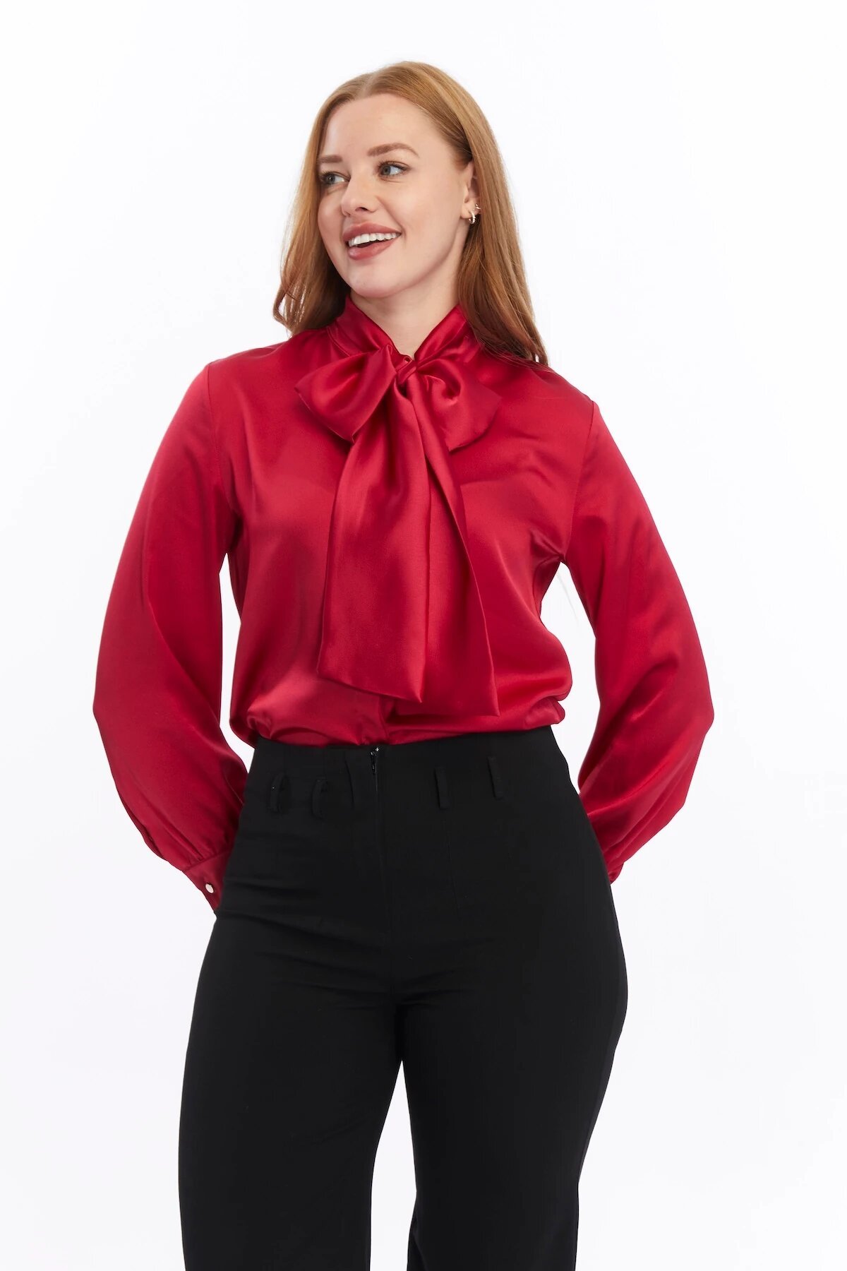 Classic Plain Satin Bow-Detailed Shirt - Burgundy - Milamia
