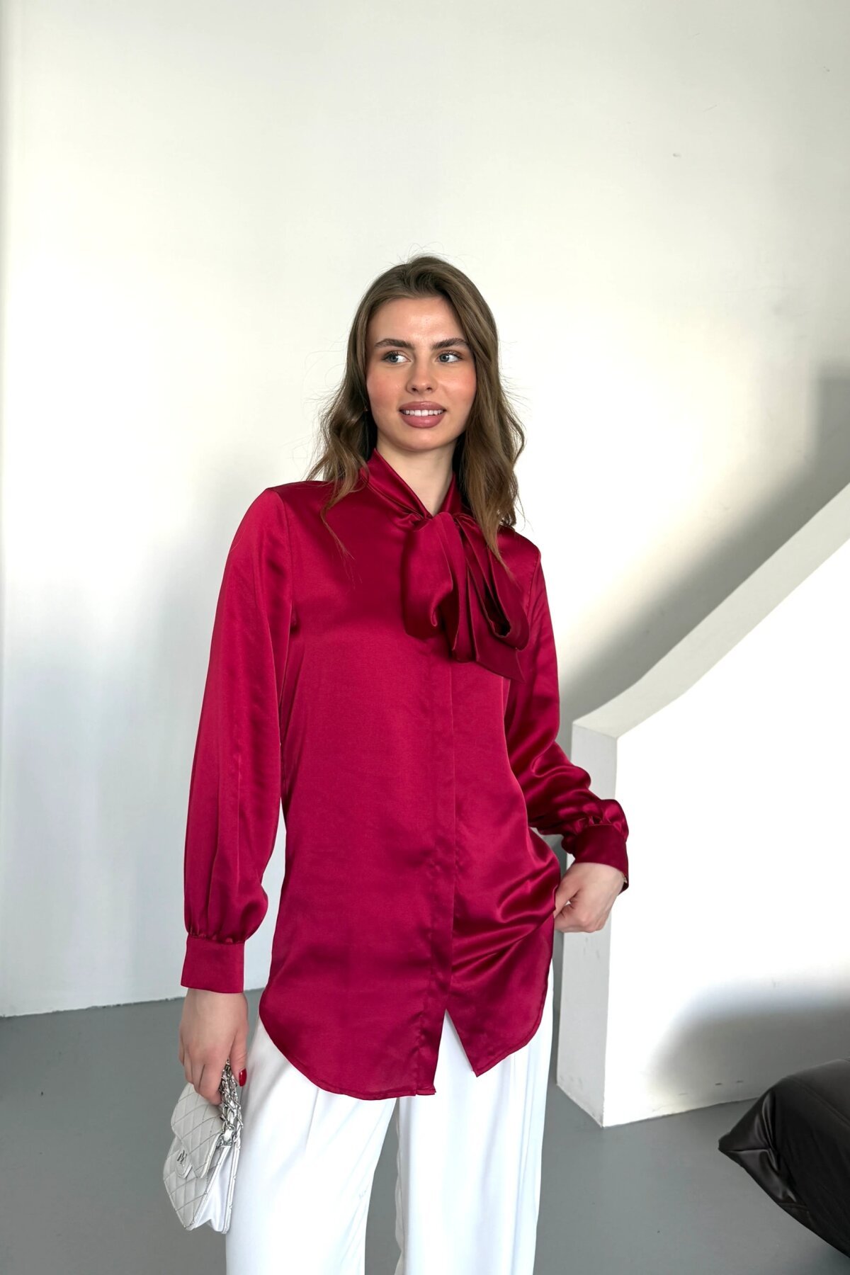 Classic Plain Satin Bow-Detailed Shirt - Burgundy - Milamia