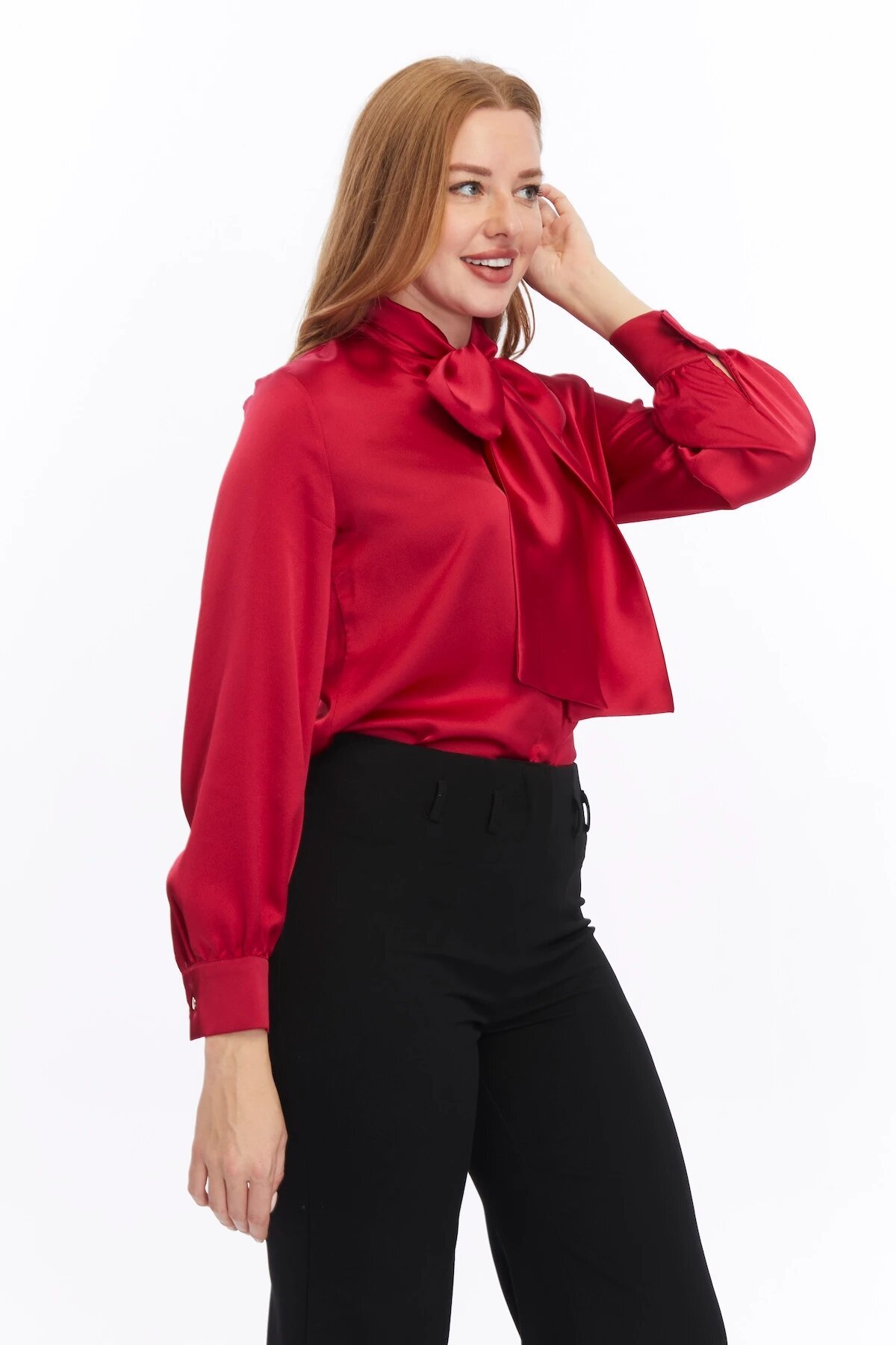 Classic Plain Satin Bow-Detailed Shirt - Burgundy - Milamia