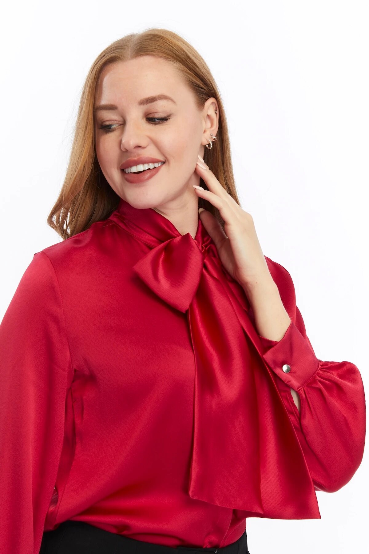 Classic Plain Satin Bow-Detailed Shirt - Burgundy - Milamia