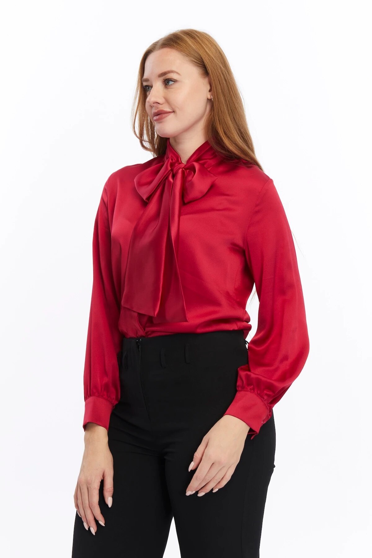 Classic Plain Satin Bow-Detailed Shirt - Burgundy - Milamia