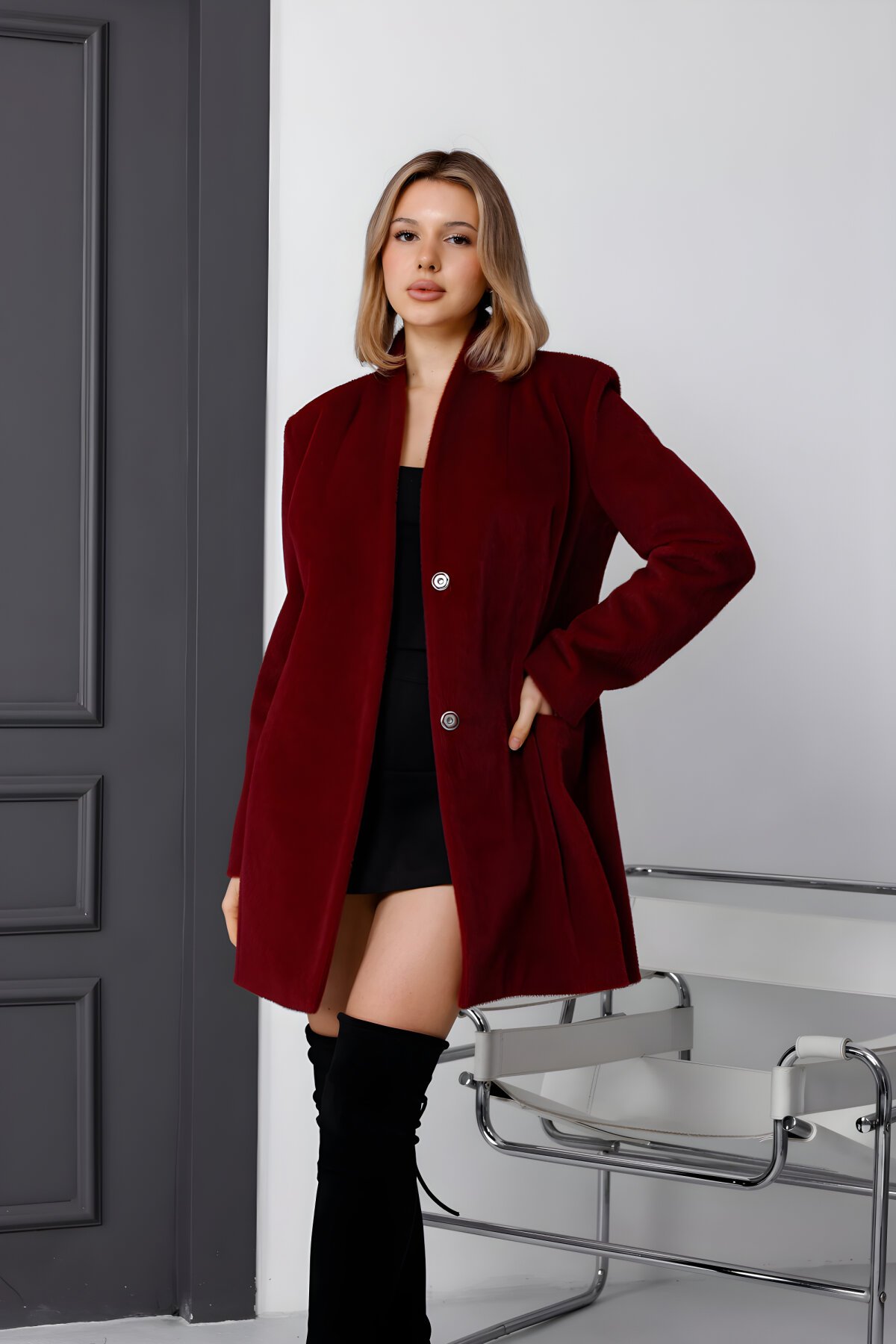 Bordo Fox Kumaş Midi Boy Heybe Cep Tüylü Kaban - Milamia