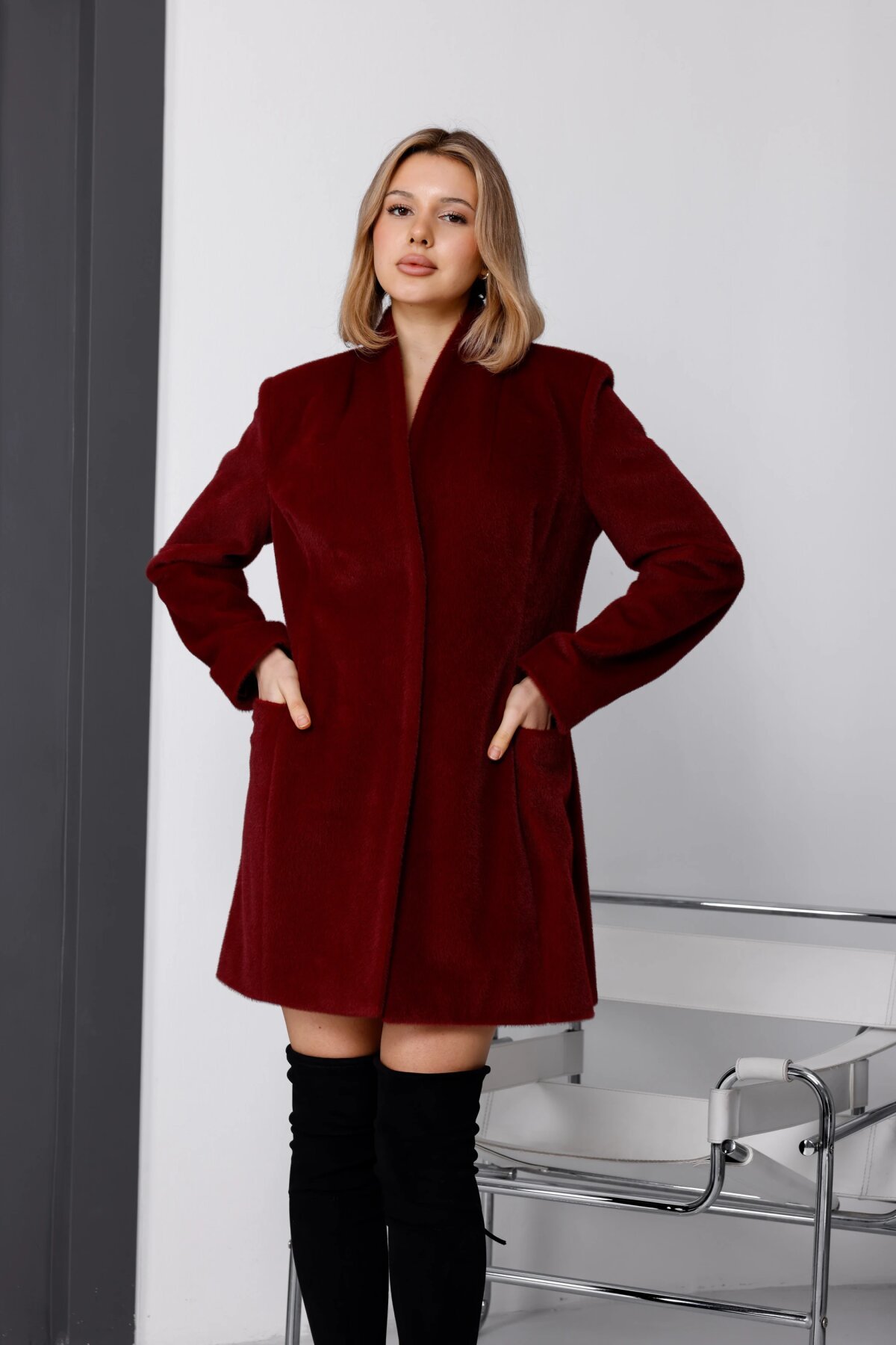 Bordo Fox Kumaş Midi Boy Heybe Cep Tüylü Kaban - Milamia