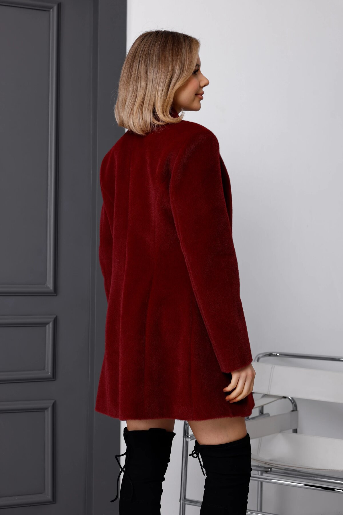 Bordo Fox Kumaş Midi Boy Heybe Cep Tüylü Kaban - Milamia