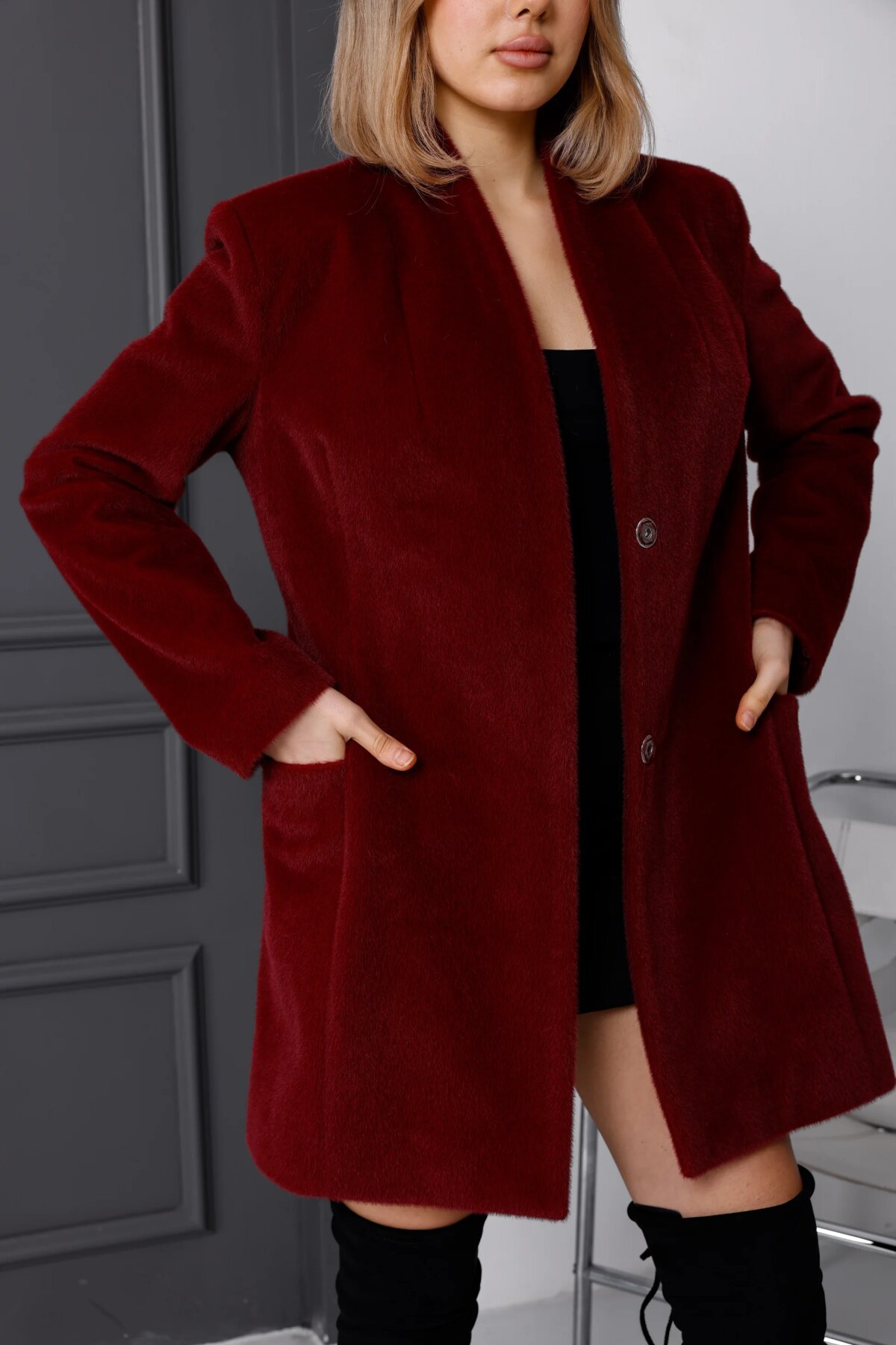 Bordo Fox Kumaş Midi Boy Heybe Cep Tüylü Kaban - Milamia
