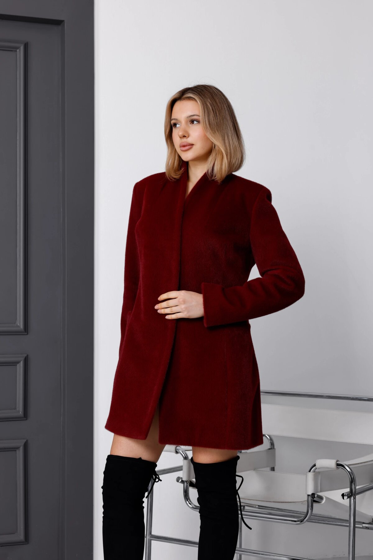 Bordo Fox Kumaş Midi Boy Heybe Cep Tüylü Kaban - Milamia