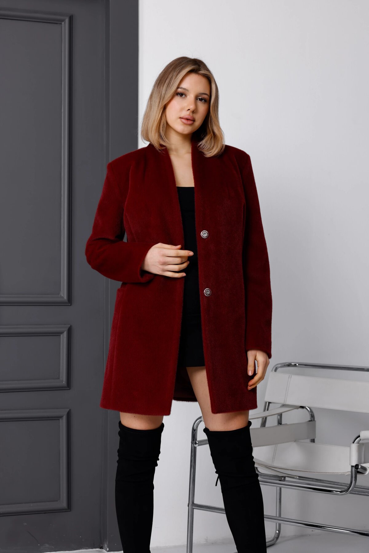 Bordo Fox Kumaş Midi Boy Heybe Cep Tüylü Kaban - Milamia